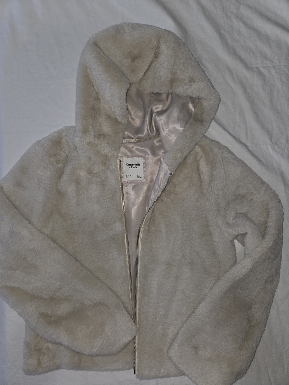 Abercrombie & Fitch Cream Hooded Faux Fur Jacket